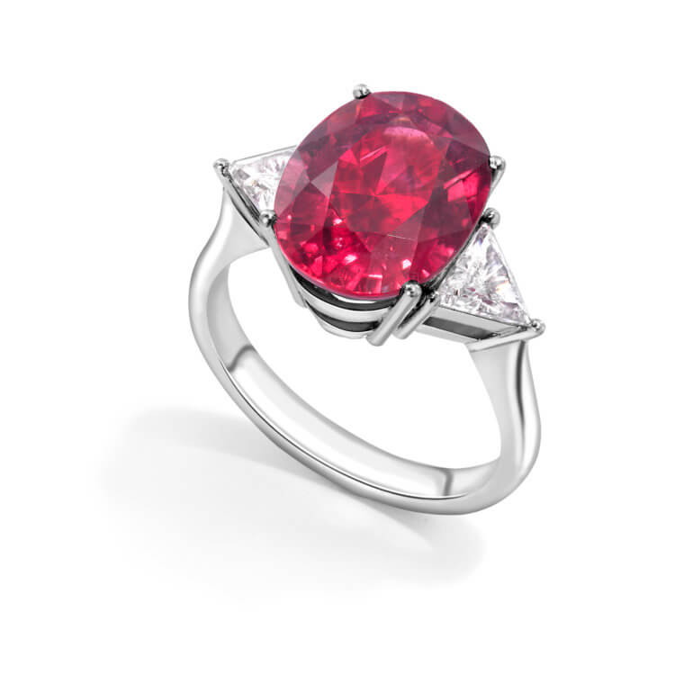 Rubellite and diamond 3 stone ring